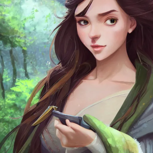 Prompt: a portrait of a young beautiful woman with long dark brown hair, green eyes, tan skin, wearing a medieval fantasy outfit, forest landscape background, fantasy, ambient lighting, 4k, anime key visual, makoto shinkai, charlie bowater, lois van baarle, ilya kuvshinov, rossdraws, artstation