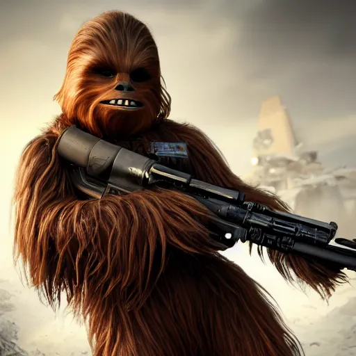 Image similar to Chewbacca in Call of Duty, highly detailed, high quality, HD, 4k, 8k, Canon 300mm, professional photographer, 40mp, lifelike, top-rated, award winning, realistic, sharp, no blur, edited, corrected, trending