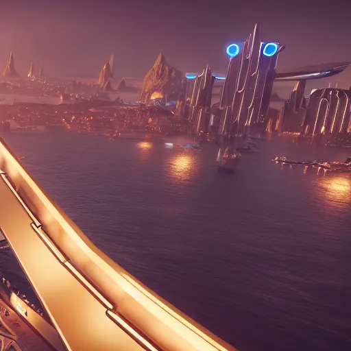 Image similar to a view of a golden fantasy sci fi luxurious city with cerulean oceansides and a rainbow hard light bridge, scandinavian / norse influenced, cinematic, ray traced, octane render, cinematic lighting, ultrarealistic, featured on artstation, 8 k uhd artwork