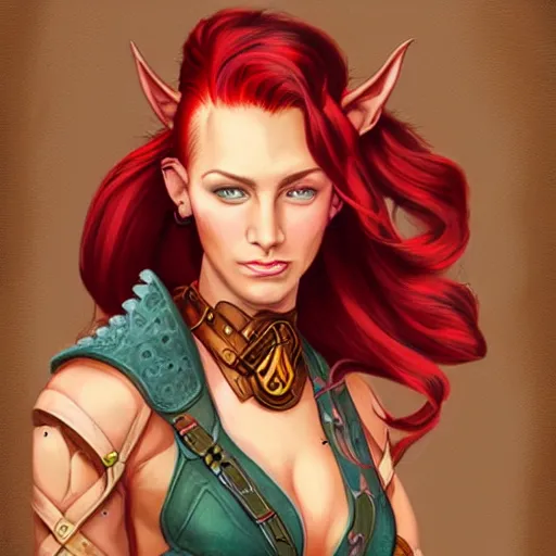 Prompt: D&D portrait female half elf artificer with red hair shaved on the sides, digital illustration by terese nielsen