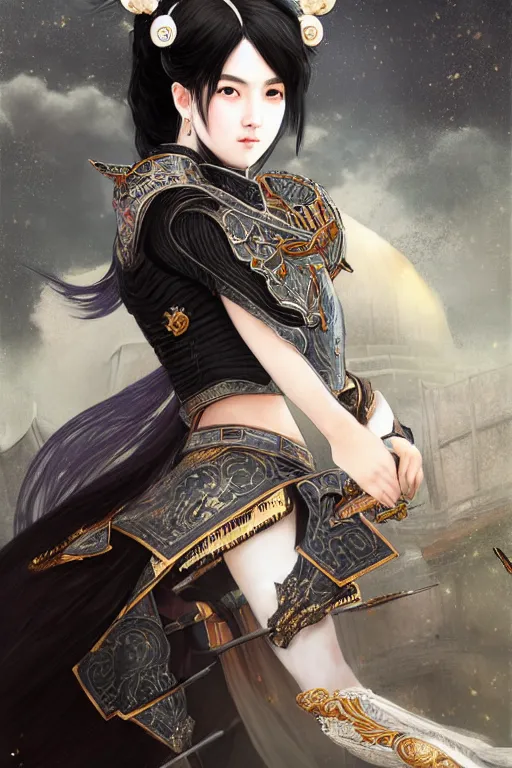 Image similar to portrait black hair young knights of Dynasty Warriors girl, matt white color armor, in ruin chinese temple rooftop moon magic night, ssci-fi and fantasy, intricate and very beautiful and elegant, highly detailed, digital painting, soft light, artstation, concept art, smooth and sharp focus, illustration, art by tian zi and WLOP and alphonse mucha