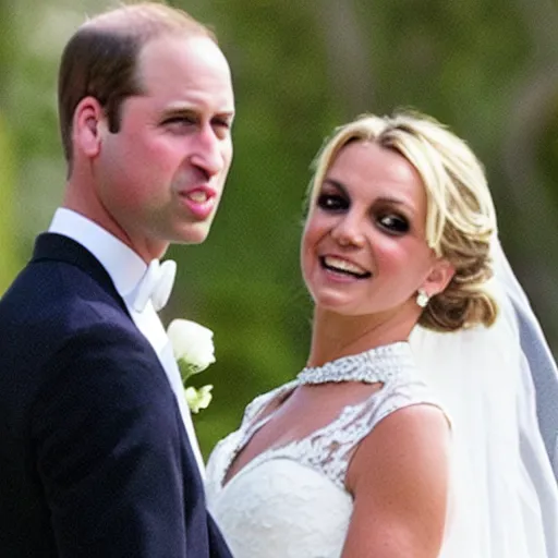 Prompt: detailed close up photos of prince william marrying britney spears, wedding photos on instagram, official photos, wedding photo, wedding portrait, wedding