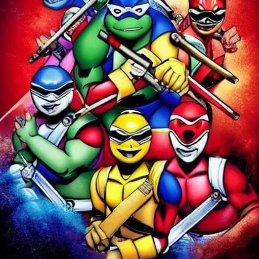 Image similar to power rangers fighting with teenage mutant ninja turtles