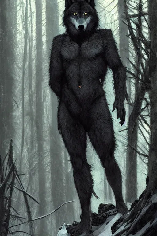 Image similar to full figure beautiful young fit antrophomorphic male wolf, bared teeth and long claws, frozen scene, by greg rutkowski and alphonse mucha, d & d character, gradient black to silver, in a forest at night, highly detailed portrait, digital painting, artstation, concept art, smooth, sharp focus illustration, artstation hq