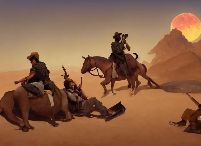 Image similar to portrait of saddam hussein, chilling desert landscape lit by blood moon, rule of thirds, painting by sargent and leyendecker, studio ghibli, fantasy, medium shot, asymmetrical, intricate, elegant, matte painting, hearthstone, crimson gradient, by greg rutkowski and greg tocchini and james gilleard and joe fenton and greg manchess