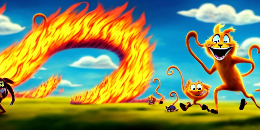 Image similar to cartoon concept art, terrified animal characters running from the fire, spiral clouds, from lorax movie