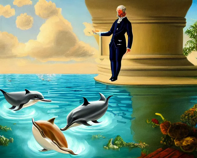 Image similar to oil painting of a cheeky time-travelling aristocratic dolphin wearing fine clothing floating above a swimming pool