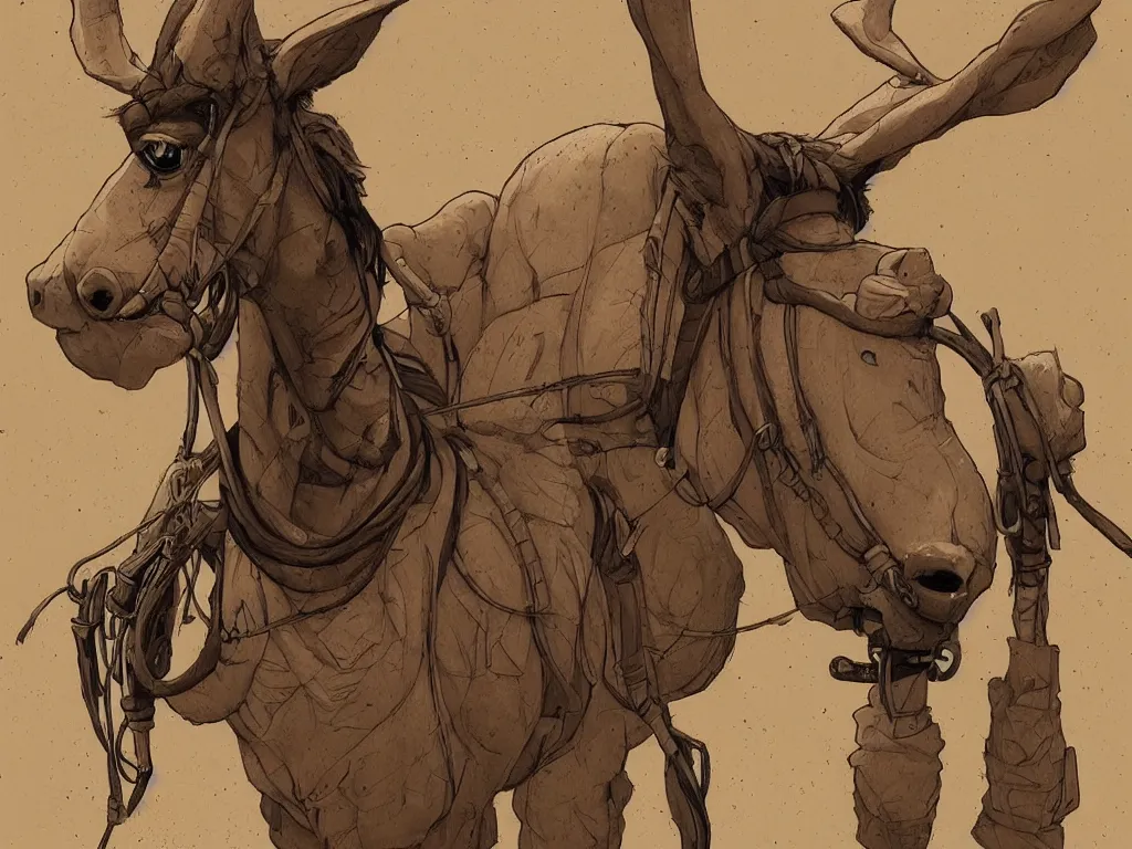 Prompt: A centered chest up portrait of an anthropomorphic mule, award winning. superb resolution. in the art style of junji Ito and greg rutkowski . by Michael Whelan and Tomer Hanuka. A pack mule. Detailed rustic bar in the background. Hyper realistic anime. Perfect art. Dalle2