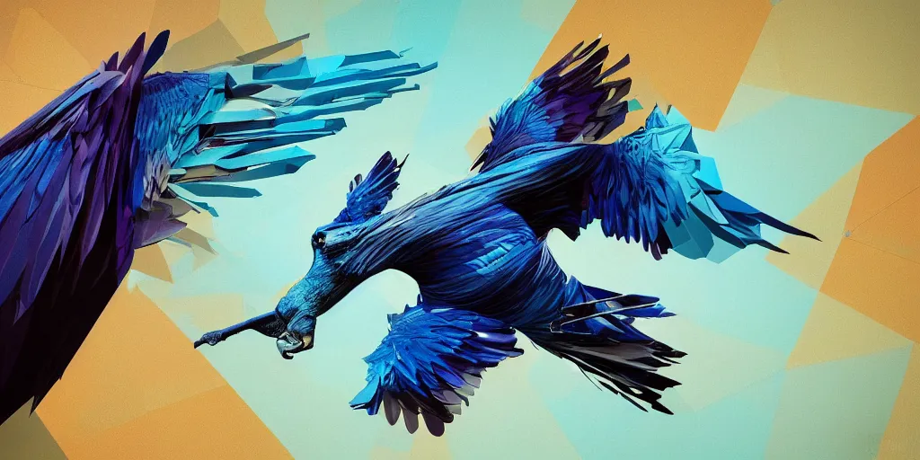 Prompt: dynamic, wideangle pov, conceptart, expressive, vibrant, blue iridiescent giant vulture with spread wings, ferocious, imposing, spectacular, cubism, polygonal, fractured