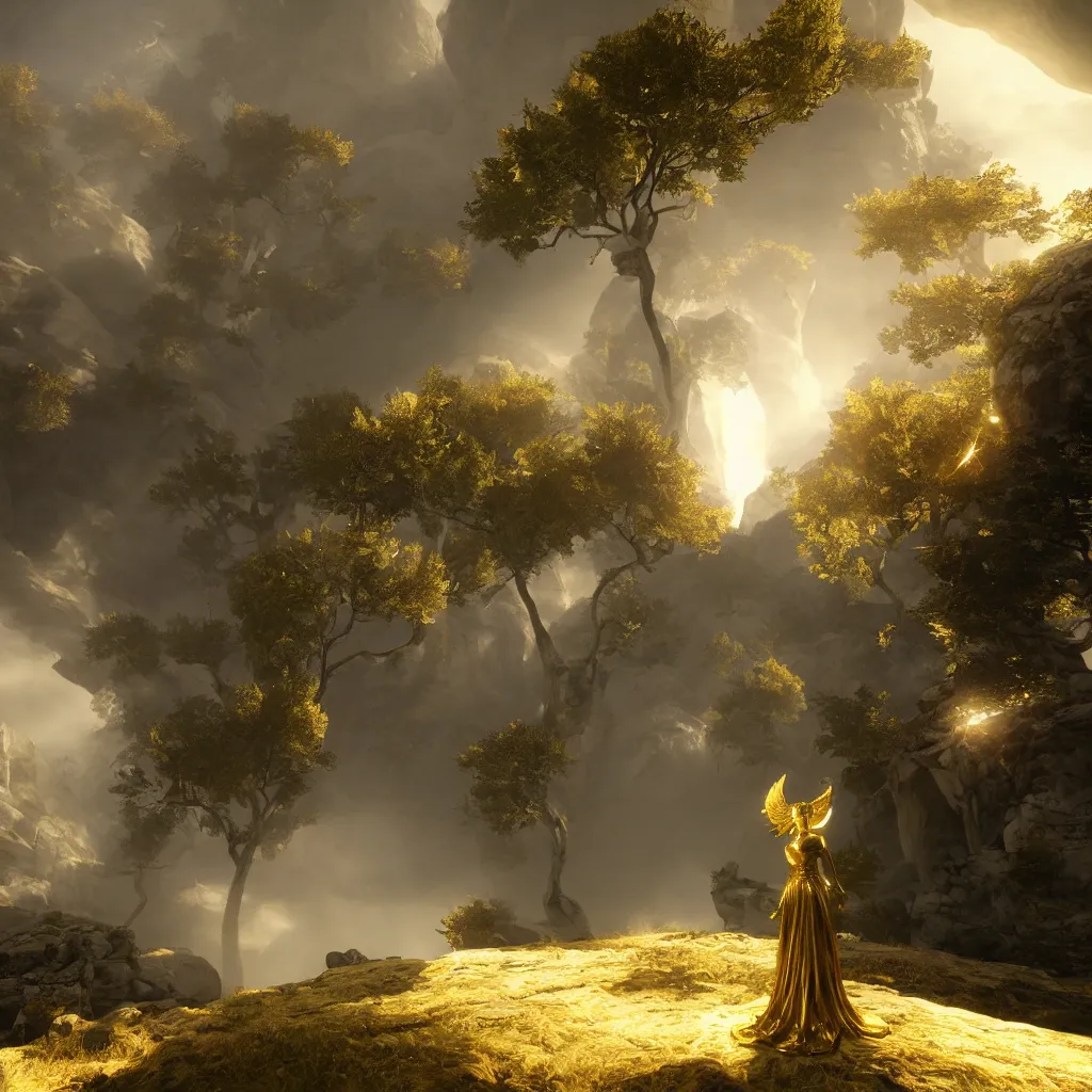 Prompt: seeing through multiple profound perspectives, highly detailed, unreal engine, volumetric light, mist, golden goddess athena