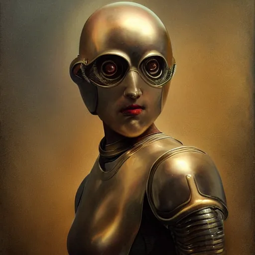 Prompt: tom bagshaw, curiosities carnival fallout, photorealistic medium shot soft paint of a single beautiful bald female full long futuristic metallic armor very tight metal helmet tentacles geared ornate, face, gynoid cyborg body, accurate features, focus, very intricate ultrafine details, award winning masterpiece