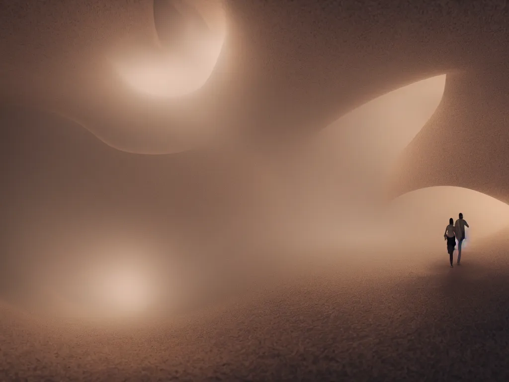 Prompt: a human emitting an aura walking through a dust storm while normal and exponential curves from the universe flow through them, digital art, trending on art station, many smooth curves, inspiring, octane render