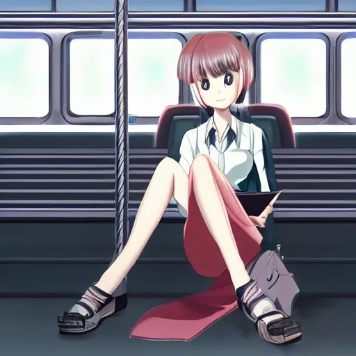 Image similar to portrait of the lone girl sitting in an empty train carriage, anime fantasy illustration by tomoyuki yamasaki, kyoto studio, madhouse, ufotable, trending on artstation