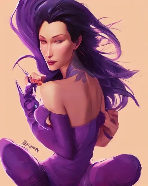 Image similar to beautiful Bella Hadid purple hair tattoos symmetrical face eyes full body fantasy art icon, 5d art cover , official fanart behance hd artstation by Jesper Ejsing, by RHADS, Makoto Shinkai and Lois van baarle, ilya kuvshinov, rossdraws