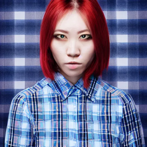 Image similar to photograph of an woman with blue skin, wearing a checked shirt, fantasy, portrait, peter xiao