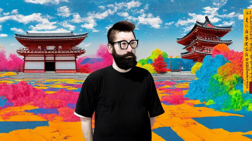 Image similar to portrait of a bearded german photographer at a vast temple under a vivid sky, aomori japan, a collage painting, in the style of wes anderson, lola dupre, david hockney, isolated on negative white space background dark monochrome neon spraypaint accents volumetric octane render