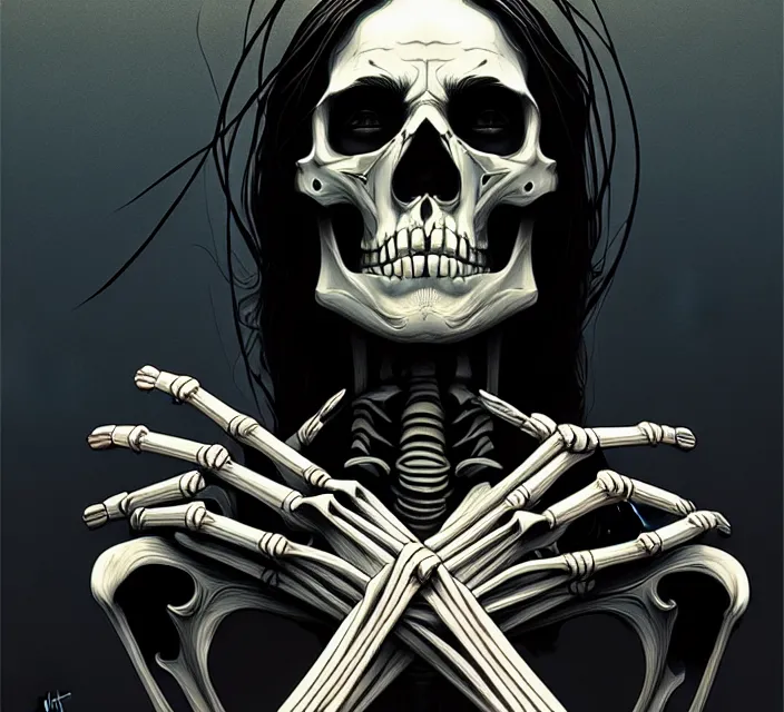 Image similar to skeleton jesus, noir, sharp focus, intricate, illustration, cell shaded, digital painting, highly detailed, matte, art by ilya kuvshinov, wlop, greg rutkowski, reflections, studio quality, james jean, artem demura