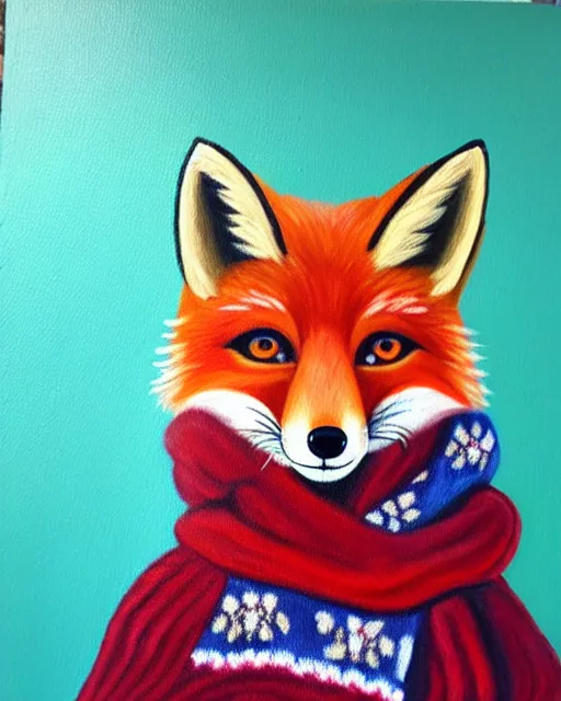 Image similar to oil painting portrait of anthropomorphic female fox animal dressed in sweater and scarf, fox animal, movie set in background, oil painting,