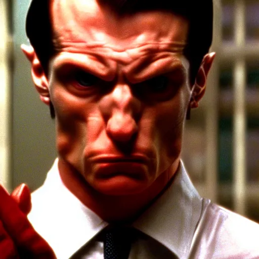 Image similar to a still of a Draconian in the American Psycho (2000), doing the Bateman stare, cinematic still, 4K Bluray