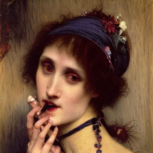 Image similar to a renaissance oil painting close shot face portrait by alma tadema of a demon vampire fangs beautiful woman touching neck, sapphire jewellery, colourful pastel, detailed academic bouguereau, sharp focus, high contrast studio lighting