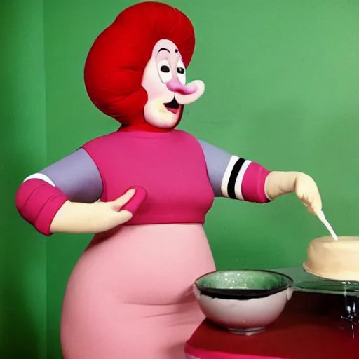 Prompt: 1976 a curvy woman vintage kitchen baking a cake wearing an inflatable long prosthetic snout nose made of gooey green slime, has growths of inflatable plastic on her skin, soft color wearing stripes, pink slime everywhere, light beige polka-dot walls, studio lighting 1976 color film archival footage holding a hand puppet that looks like Caspar the Friendly Ghost, 16mm Russ Meyer John Waters Almodovar Doris Wishman