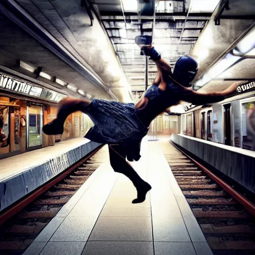 Prompt: man spartan kicking woman off train, cyberpunk, subway station, realistic, sharp, clear