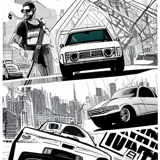 Prompt: a grand theft auto day with smog and factory smoke, drawn in sharp vectors in a stylish modern hand drawn artist, trending on artstation, featured on deviantart