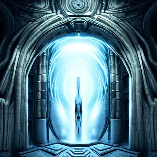 Prompt: majestic portal to another dimension, with turbulent image of different time space reality, divine lighting, ethereal, sci fi, high detail, intricate, giger, photo realistic, 8 k