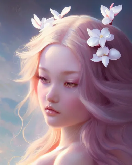 Image similar to character concept art of a goddess of magnolias as angelic young female | | seductive - fine - face, pretty face, key visual, realistic shaded perfect face, fine details by stanley artgerm lau, wlop, rossdraws, james jean, andrei riabovitchev, marc simonetti, and sakimichan, trending on artstation