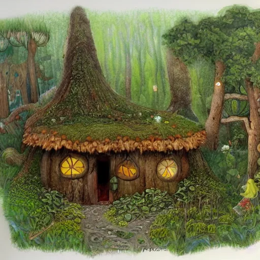 Prompt: Forest hut in the style of James Christensen