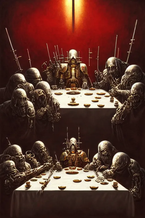 Image similar to painting of tech priests dining at the last supper, adeptus mechanicus!, cybernetic enhancements attached to his body, praise the omnissaiah, zdzislaw beksinski, lewis jones, mattias adolfsson, warhammer 4 0 k!!, cold hue's, warm tone gradient background, concept art, digital painting