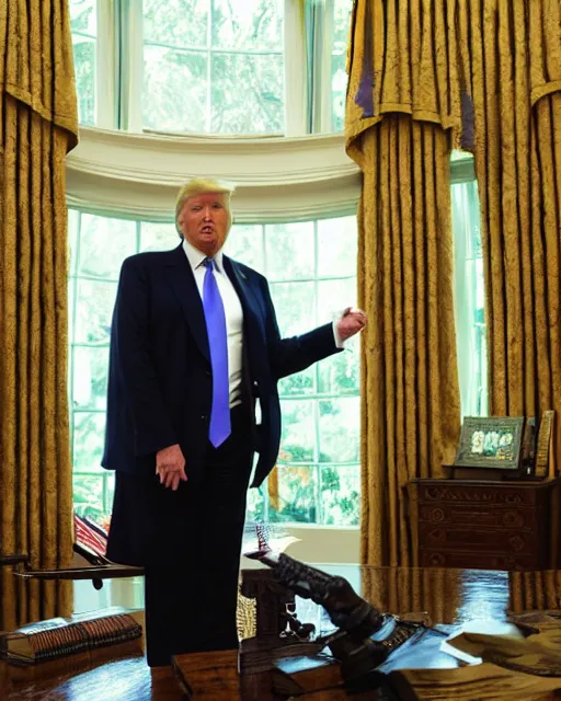 Image similar to donald trump with hippie hair, hippie clothes, smoking cannabis, standing in the oval office, photorealistic photographed in the style of annie leibovitz, studio lighting