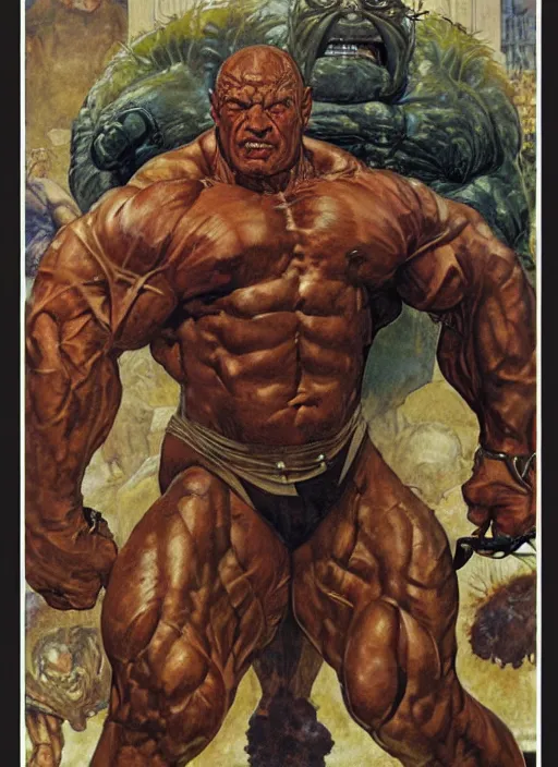 Image similar to portrait of muscular morgan aste as marvel's the thing, dynamic, by norman rockwell and lawrence alma tadema and jack kirby and greg staples and nc wyeth and tom lovell