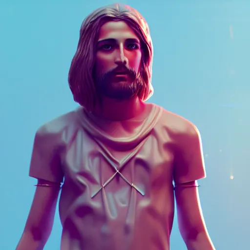 Prompt: candypunk jesus, character design, high quality digital art, render, octane, redshift, volumetric lighting, oled