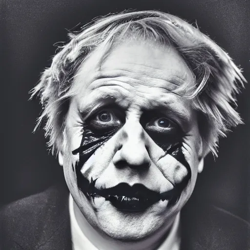 Prompt: Boris Johnson as the Joker, polaroid photograph, brilliant colors, 4k