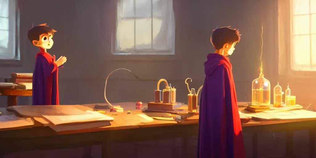 Image similar to a young boy mage with a cloak is standing at his desk working on a experiment, bubbling potions, colorful, light rays, medium shot, waist up, pixar and disney animation, sharp, rendered in unreal engine 5, by greg rutkowski and makoto shinkai, bloom, dramatic lighting, cinematic