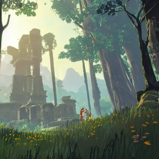 Prompt: Ancient Ruins, Bright forest, Breath of the wild