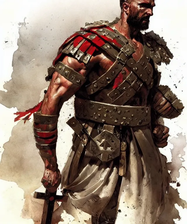 Image similar to muscular roman soldier with a white cross in the chest by simon bisley and greg rutkowski, full body armor! vivid color scheme