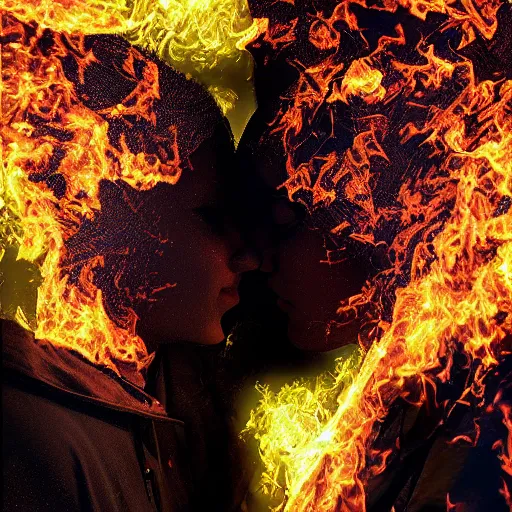 Image similar to young lovers looking into each others eyes while fire burns all around them, digital art high detail,