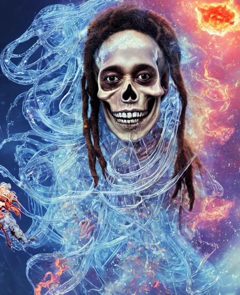 Prompt: close-up macro portrait of the face of a beautiful princess rotten skull in a spaceman suit bob marley, epic angle and pose, symmetrical artwork, 3d with depth of field, blurred background, cybernetic jellyfish female face skull phoenix bird, translucent, nautilus, energy flows of water and fire. a highly detailed epic cinematic concept art CG render. made in Maya, Blender and Photoshop, octane render, excellent composition, cinematic dystopian brutalist atmosphere, dynamic dramatic cinematic lighting, aesthetic, very inspirational, arthouse. y Greg Rutkowski, Ilya Kuvshinov, WLOP, Stanley Artgerm Lau, Ruan Jia and Fenghua Zhong