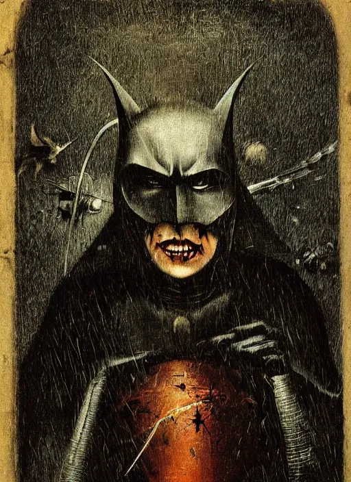 Prompt: The dark knight by Hieronymus Bosch, horror elements, horror theme, award winning
