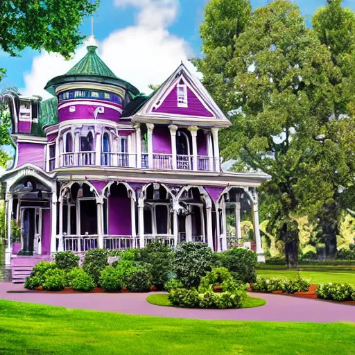 Prompt: a four story Victorian style home, painted purple and green, 4k