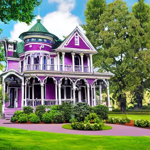 Image similar to a four story Victorian style home, painted purple and green, 4k