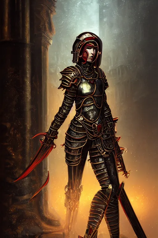 Prompt: portrait knights of Zodiac girl, metallic black and reddish color reflected armor, in heavily rainning ruin Agora of Athens, ssci-fi, fantasy, intricate, rim lights, reflected lights, very very beautiful, elegant, golden light, highly detailed, digital painting, artstation, concept art, smooth, sharp focus, illustration, art by tian zi and greg rutkowski and alphonse mucha and loish and WLOP