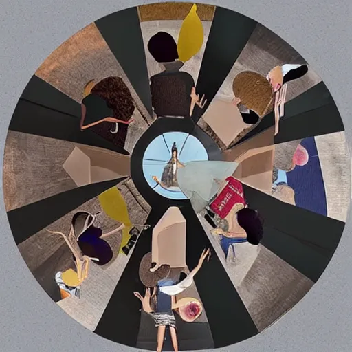 Prompt: funereal, sinister collage, digital art by moshe safdie. a beautiful kinetic sculpture of a group of people standing around a circular table. in the center of the table is a large, open book. the people in the kinetic sculpture are looking at the book with interest & appear to be discussing its contents.