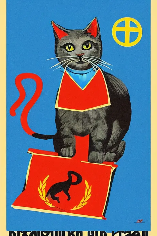 Prompt: “Soviet propaganda poster with a working hero cat, in the style of Dmitry Moor”