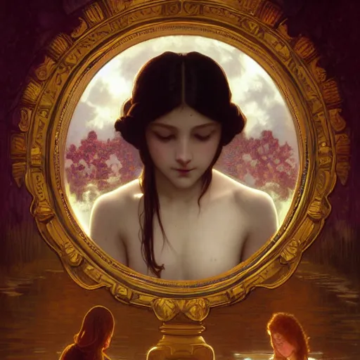 Image similar to faceless girl bleeding into a mirror, intricate, art by artgerm and greg rutkowski and alphonse mucha and william - adolphe bouguereau, high detailed, 4 k,