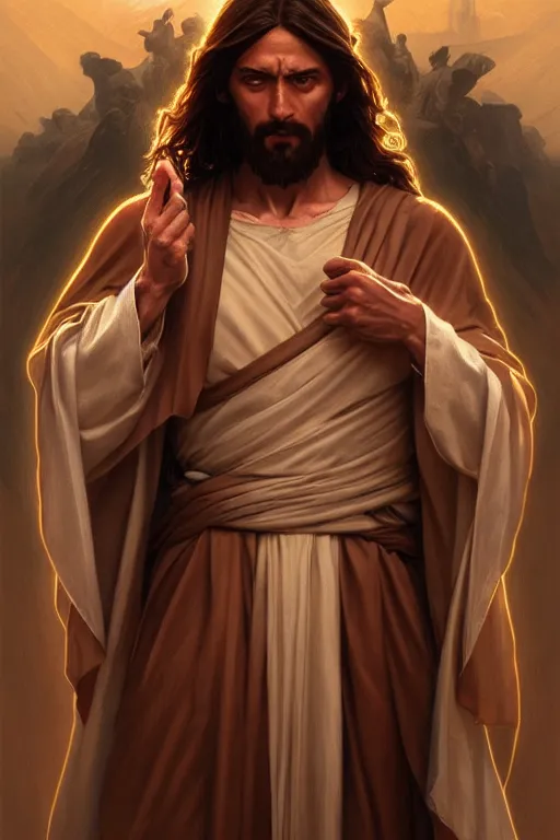 Image similar to jesus christ as an action hero, realistic portrait, symmetrical, highly detailed, digital painting, artstation, concept art, smooth, sharp focus, illustration, cinematic lighting, art by artgerm and greg rutkowski and alphonse mucha