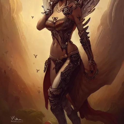 Image similar to beautiful sultry viking priestess wearing white dove wings, warframe armor, regal, attractive, ornate, sultry, pretty face, kiss mouth, fire eyes is represented by peter mohrbacher, art nouveau, landscape, cinematic