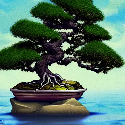 Prompt: concept art bonsai fir growing from a small rock in water, george stubbs, medium shot, hyper detail, dynamic